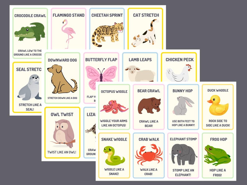May include: A set of illustrated flashcards featuring animal-themed yoga poses. Each card displays a different animal, such as a flamingo, cheetah, or cat, with instructions like "Crocodile Crawl" and "Flamingo Stand".