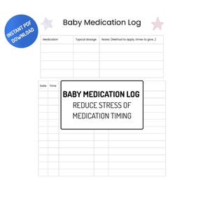 Può includere: Un registro di farmaci per bambini stampabile bianco con un cerchio blu che dice "Download PDF istantaneo". Il registro include sezioni per farmaci, dosaggio e note. È visibile anche il testo "Baby Medication Log Reduce Stress of Medication Timing".
