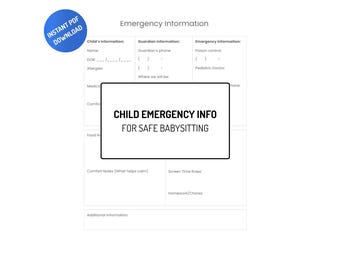 Babysitter Emergency Information Sheet | Child Emergency Contacts Printable | Kids Medical Info Form | Caregiver Instructions PDF