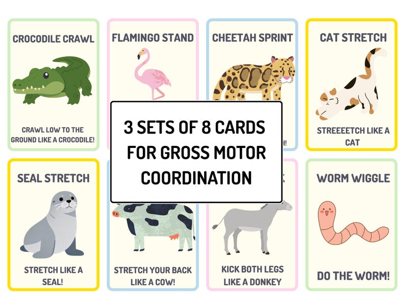 May include: Set of 24 cards for gross motor coordination, featuring animal-themed exercises. Each card has an illustration and instructions, such as "Crocodile Crawl" and "Cat Stretch." The cards are designed to encourage physical activity.