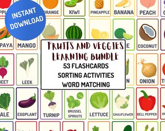Fruit and Vegetable Flashcards Bundle | Printable Preschool Learning Activities | Color Sorting, Word Matching & Venn Diagram Game pdf