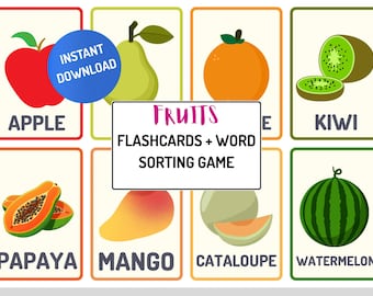 Fruit Flashcards & Word Matching Game for Toddlers and Preschoolers | 29 Printable Fruit Cards | Montessori Learning Activity