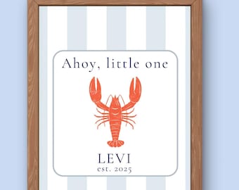 Personalized Nautical Nursery Wall Art |Custom Lobster Baby Name Print |Coastal Baby Room Decor | Blue Stripe Nursery Poster |Ocean Nursery