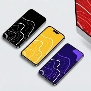 May include: Three smartphones displayed at an angle, each featuring a distinct screen wallpaper. One phone has a black background with white topographic lines, another a yellow background with white lines, and the third a dark blue background with purple lines.