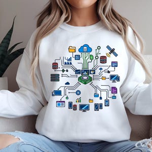 May include: A white long-sleeve sweatshirt featuring a colorful graphic print of a central green hub connected by lines to various technology icons, including a cloud, satellite, computer monitors, smartphones, folders, and data servers.