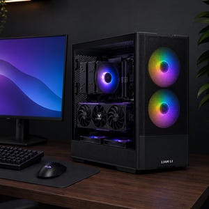 May include: A black Lian Li computer tower case with a transparent side panel, showcasing internal components including a CPU cooler and graphics card with RGB lighting, and two front-facing circular fans with multi-colored LED illumination.