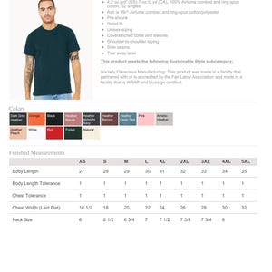 May include: Dark teal unisex t-shirt with a crew neck. The image includes a size chart with measurements in inches for body length, chest width, and neck size. The shirt is available in various colors.