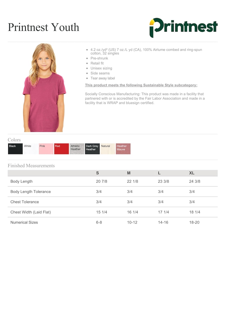 May include: A young person wearing a mauve-colored t-shirt. The shirt is from Printnest Youth and features a retail fit and unisex sizing. The image also includes a size chart with measurements in inches and numerical sizes.