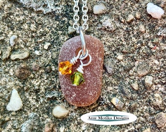 Lake Erie Beach Glass Necklace, Fall Necklace, Brown Beach Glass with Orange & Green Necklace, Beach Glass Necklace, Lake Erie, Beach Glass