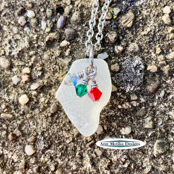 Lake Erie Beach Glass Necklace, Clear Beach Glass with Red & Green Necklace, Christmas Necklace, Beach Glass Necklace, Lake Erie