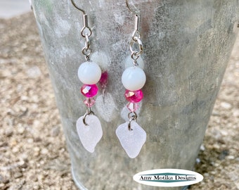 Clear Beach Glass with Pink Earrings, Pink Earrings, Lake Erie Earrings, Glass Dangle Earrings, Lake Erie, Beach Earrings