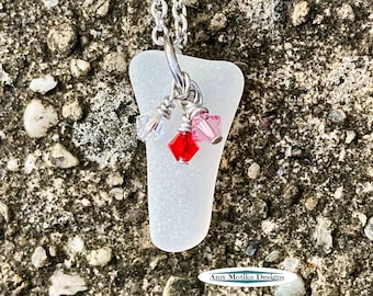 Valentine's Day Beach Glass Necklace, Frosted Clear Beach Glass, Pink and Red, Lake Erie, Beach Glass, Valentine's Day Jewelry