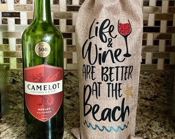 Beach Themed Burlap Wine Gift Bag, Wine Bottle Gift Bag, 6x14 Burlap Gift Bag, Gift Bag, Price per Bag, Wine Gift, Reusable Gift Bag