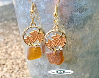 Fall Beach Glass Earrings, Maple Leaf Earrings, Beach Glass Earrings, Brown Beach Glass, Brown Beach Glass, Lake Erie, Lake Erie Earrings