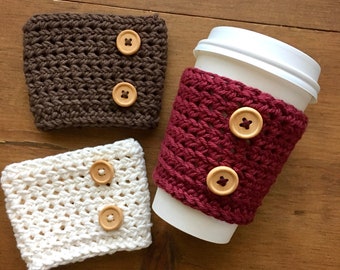 Wooden Button Coffee Cup Cozy, Coffee Sleeve, Crochet Cozy, Coffee Lover, Coffee Gift