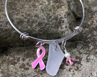 Breast Cancer Awareness Bracelet, Beach Glass Bracelet, Breast Cancer Survivor, Breast Cancer Awareness Month,  Lake Erie