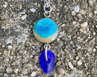 Beach Charm Necklace, Beach Glass Necklace. Resin Beach Necklace, Lake Erie Beach Glass, Lake Erie, Blue Glass, Stainless Steel Necklace