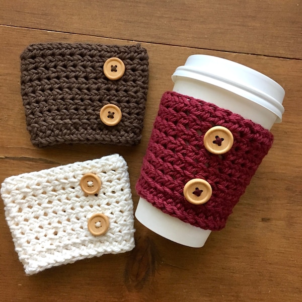 Wooden Button Coffee Cup Cozy, Coffee Sleeve, Crochet Cozy, Coffee Lover, Coffee Gift