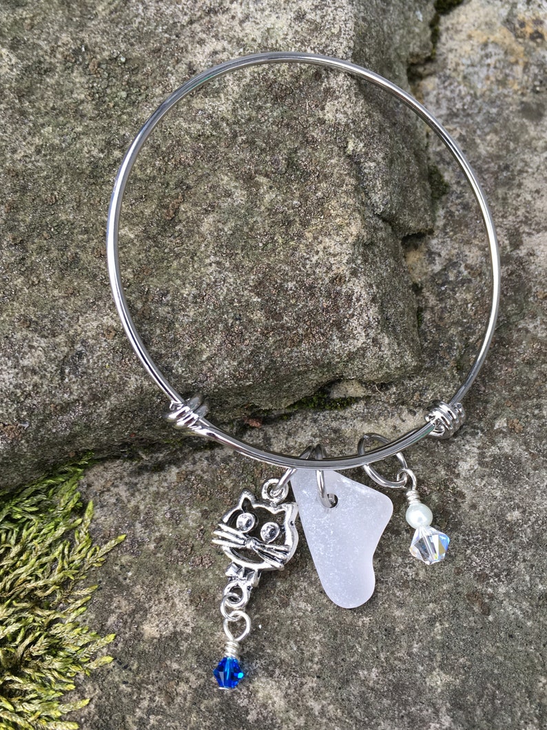 Cat Themed Beach Glass Bangle Bracelet Cat Bracelet Beach Glass Bracelet Lake Erie Lake Huron