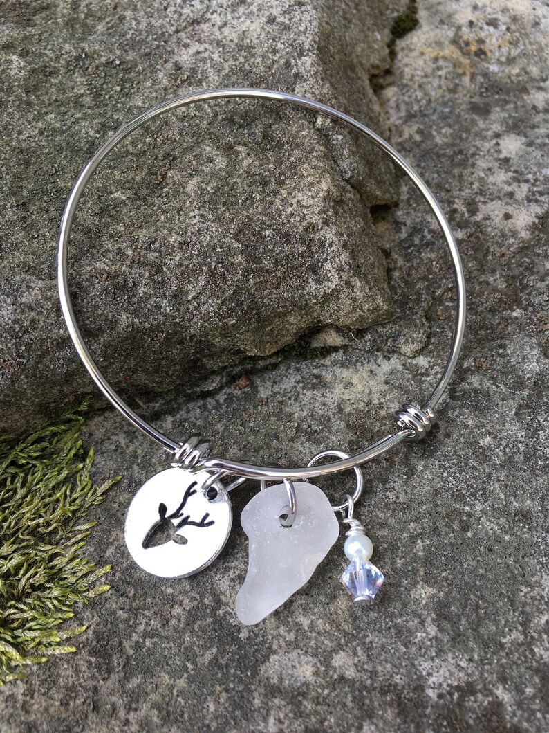 Deer Themed Beach Glass Bangle Bracelet Fall Bracelet Country Girl Bracelet Beach Glass Lake Erie Lake Huron