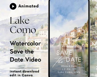 Lake Como Save the Date Video, Animated Watercolor Lakeside Village, Destination Wedding Invite
