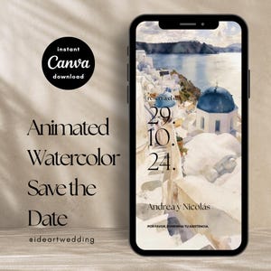 Peut inclure: Un faire-part de mariage numérique de style aquarelle animé, affiché sur un smartphone. Il présente une scène côtière avec des bâtiments blancs et des dômes bleus. Le texte comprend la date, les noms et une demande de confirmation de présence. Téléchargement instantané.