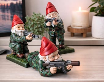 Military Gnome Set 9cm - Tactical Garden Gnomes, Armed Gnome Figurines, Outdoor Decor, Quirky Garden Statues, Novelty Gift