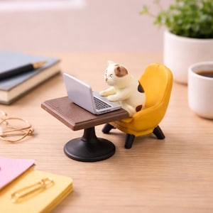 May include: A novelty figurine of a cat using a laptop at a small brown table. The cat is sitting in a yellow chair. The laptop is silver. The figurine is on a light brown surface.