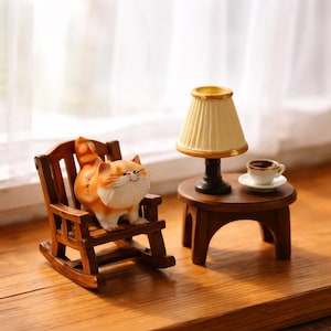 Mini figurine de chaise berçante chat - décoration de bureau mignonne, ornement de petit chat, scène de chat miniature, décoration de bureau kawaii, cadeau pour les amoureux des chats