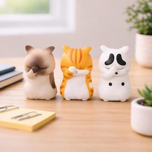 May include: Three cat figurines in a row, each with closed eyes and paws covering their faces. The first cat is brown and white, the second is orange with stripes, and the third is white with black markings. They are on a wooden surface.