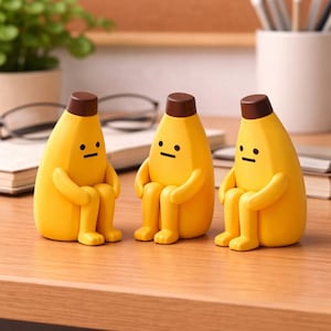 May include: Three yellow banana-shaped figurines with brown tops and small black eyes and mouths. The figurines are sitting with their arms crossed and legs crossed. They are on a wooden desk.