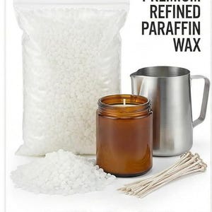 May include: An assortment of candle-making supplies. A clear bag and a pile of white paraffin wax, a brown glass jar with a lit candle, a stainless steel pitcher, and a bundle of wicks. Text reads "PREMIUM REFINED PARAFFIN WAX" and "FOR CANDLE MAKING."