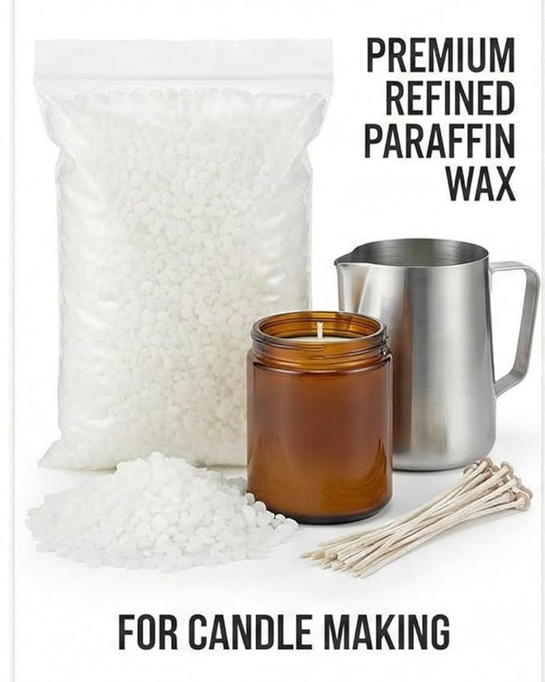 May include: An assortment of candle-making supplies. A clear bag and a pile of white paraffin wax, a brown glass jar with a lit candle, a stainless steel pitcher, and a bundle of wicks. Text reads "PREMIUM REFINED PARAFFIN WAX" and "FOR CANDLE MAKING."