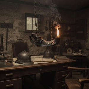 Könnte beinhalten: Ein antiker Schreibtisch mit Schubladen, bedeckt mit einer Karte, zwei Helmen und Büchern. Eine Hängelampe mit einer Flamme beleuchtet den Raum. Ein Bücherregal, Werkzeuge und ein Wählscheibentelefon sind ebenfalls zu sehen, was eine Vintage-Büro-Atmosphäre schafft.
