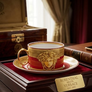 Puede incluir: Un juego de taza y platillo de porcelana con un dise&ntilde;o en rojo y dorado que incluye el emblema de la cabeza de Medusa y un patr&oacute;n de greca. El conjunto se presenta en una caja de madera con una placa dorada que dice ROSENTHAL MEETS VERSACE EST. 1993.