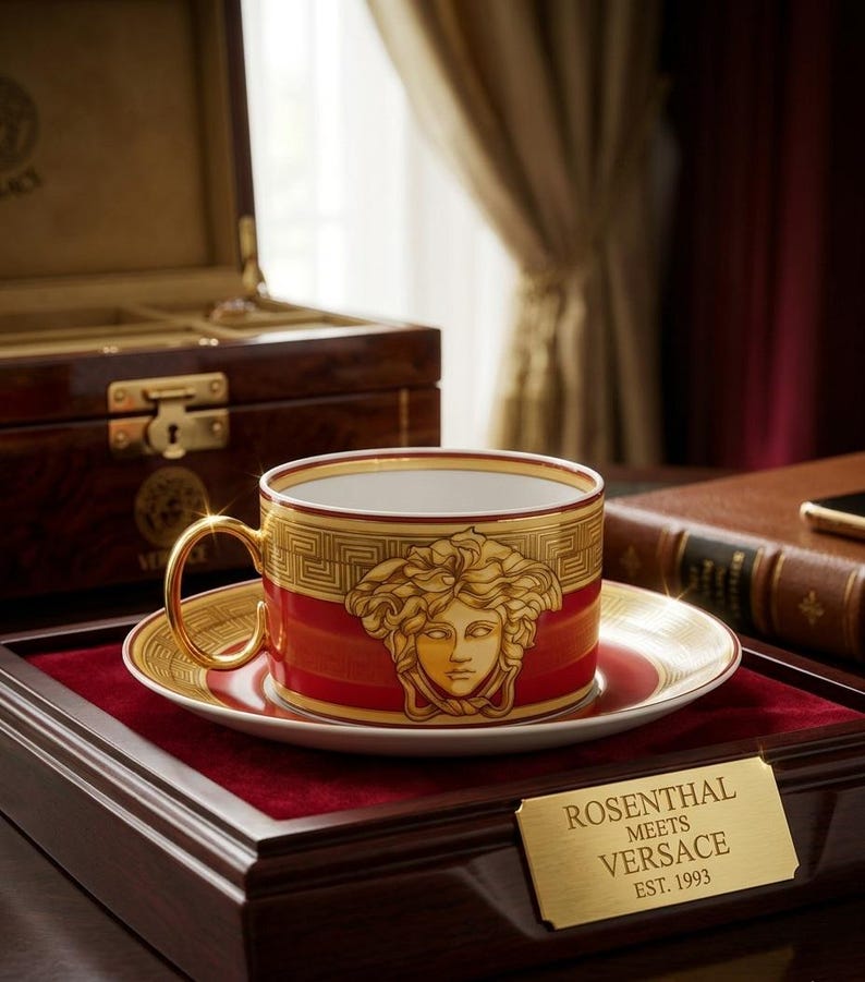 Puede incluir: Un juego de taza y platillo de porcelana con un dise&ntilde;o en rojo y dorado que incluye el emblema de la cabeza de Medusa y un patr&oacute;n de greca. El conjunto se presenta en una caja de madera con una placa dorada que dice ROSENTHAL MEETS VERSACE EST. 1993.