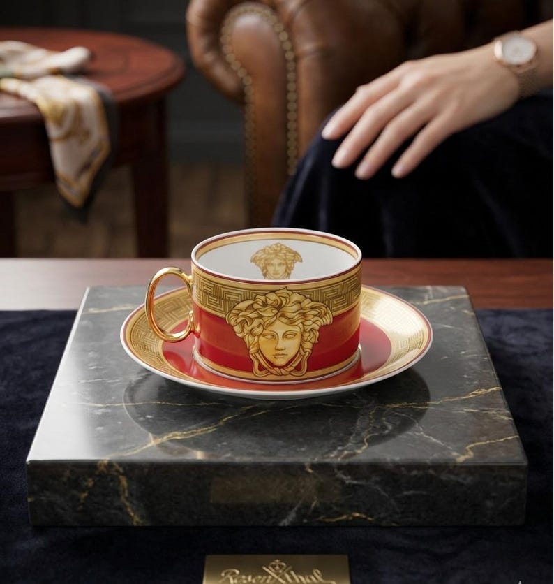 Puede incluir: Un juego de taza de t&eacute; y platillo de porcelana en rojo y oro, con un emblema de cabeza de Medusa dorada en el exterior e interior. La taza cuenta con un asa dorada y un borde con patr&oacute;n de greca. El conjunto tiene un acabado esmaltado.