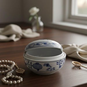 Könnte beinhalten: Weiß-blaue Keramik-Schmuckdose mit Deckel, mit floralem und Zwiebelmuster. Die Dose ist geöffnet und gibt ihr Inneres frei. Eine Perlenkette und ein kleiner goldener Löffel liegen daneben.