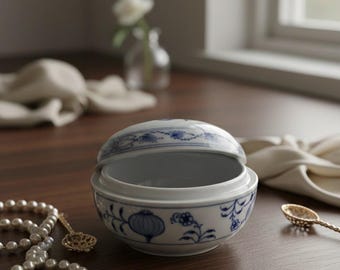 Joyero de porcelana de Meissen de 1982 con diseño de cebolla azul, primera calidad, pintado a mano.