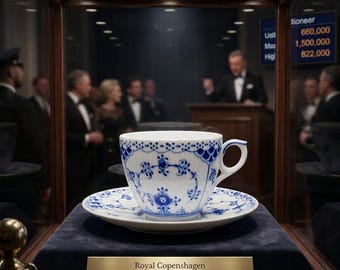 Taza y platillo Royal Copenhagen Musselmalet con diseño de encaje parcial, color moca – Porcelana danesa – 1st Choice