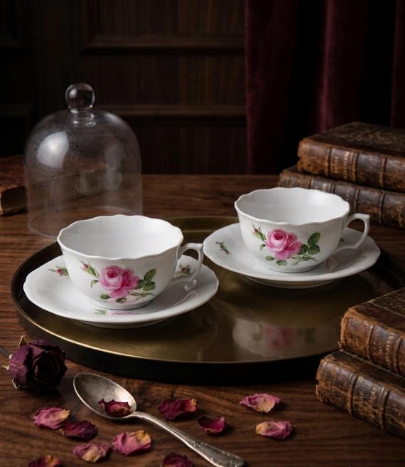 Original Meissen Porzellan Tassen-Set, Rote Rose, Handbemalt – Edles Meißner Duo, 20. Jahrhundert
