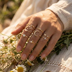 Gold Ring Set, Minimalist Stackable Adjustable Rings, Boho Pearl & Moon
