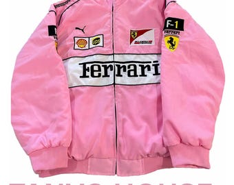 Vintage Rosa Ferrari Racing Jacke, Bestickte Baumwolle Motorsport Streetwear