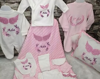 Personalized Newborn Baby Girl Outfit, 14pcs 100% Cotton Best Quality Embroidered Baby Set, Hospital Outfit, Baby Gift, Angel