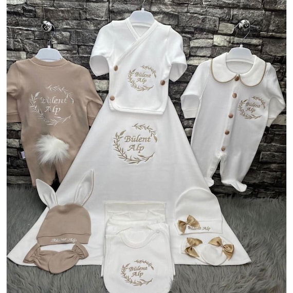 Personalized Newborn Baby Boy Outfit, 13-Piece Embroidered Cotton Set
