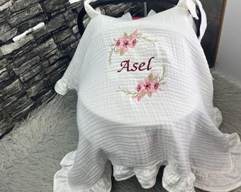 Personalized Newborn Handmade Carseat Cover, 100% Gauze Cotton Best Quality Embroidered, Baby Girl or Boy, Baby Gift