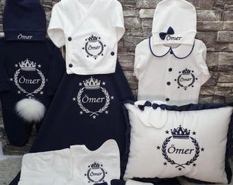 Personalized Newborn Baby Boy Outfit, Embroidered Cotton 14-Piece Set