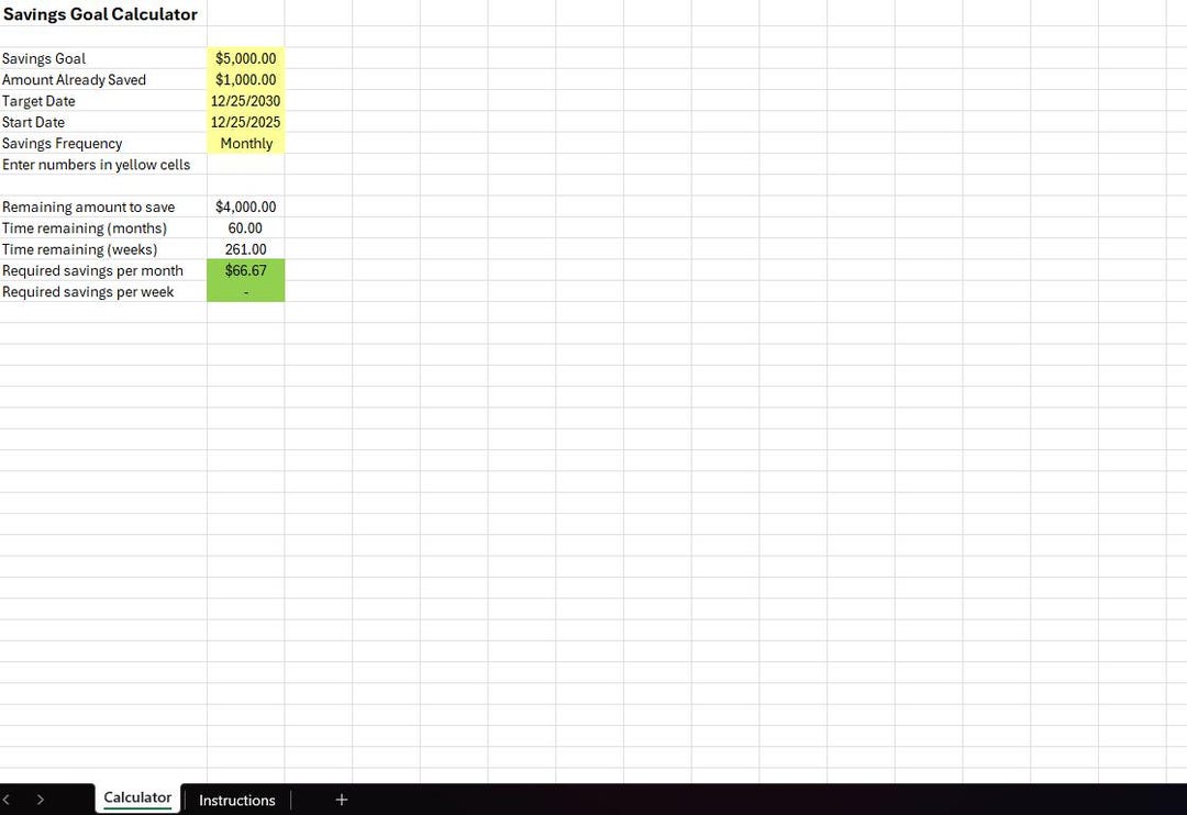 Savings Goal Calculator Excel Spreadsheet | Weekly & Monthly Savings ...