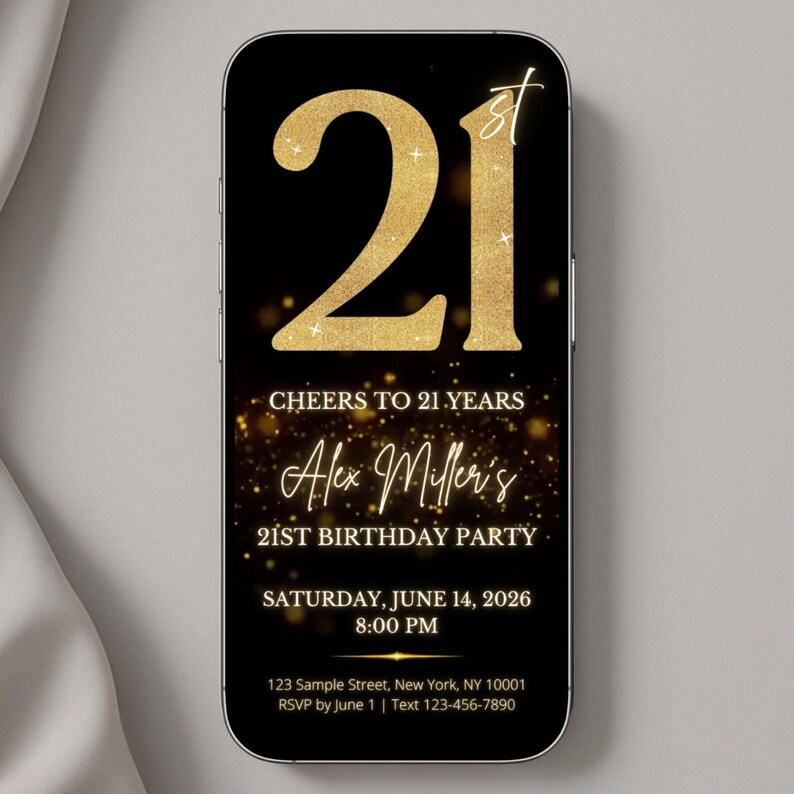 Editable 21st Birthday Party Invitation | Black & Gold Animated Canva ...