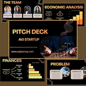 Puede incluir: Presentación de negocios con el título "PITCH DECK AVJ STARTUP". Las diapositivas incluyen secciones sobre "THE TEAM", "ECONOMIC ANALYSIS", "FINANCES" y "PROBLEM", con gráficos y fotos.